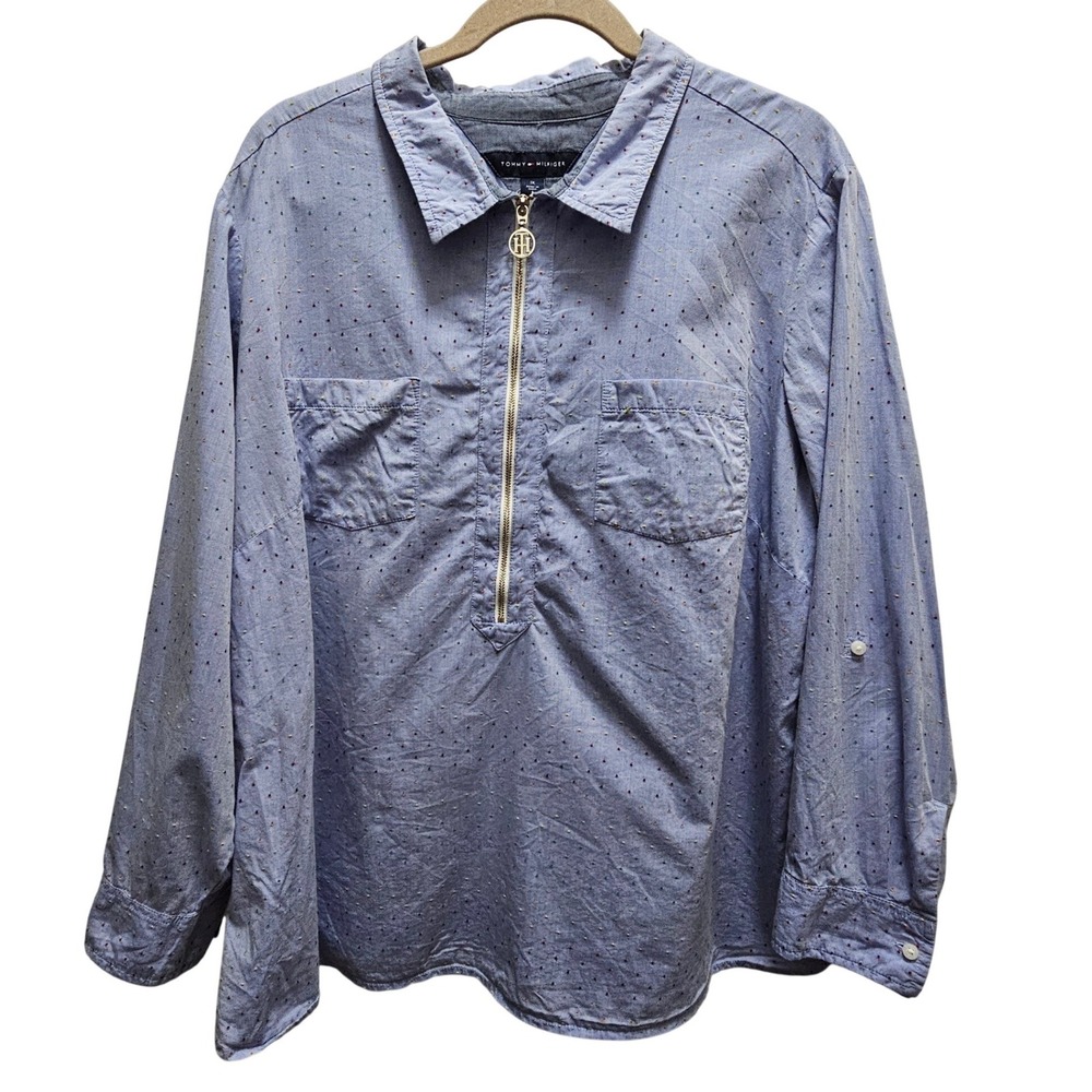 Tommy Hilfiger 1X Half Zip Collared Shirt Multicolor Dot Chambray Top 100%Cotton